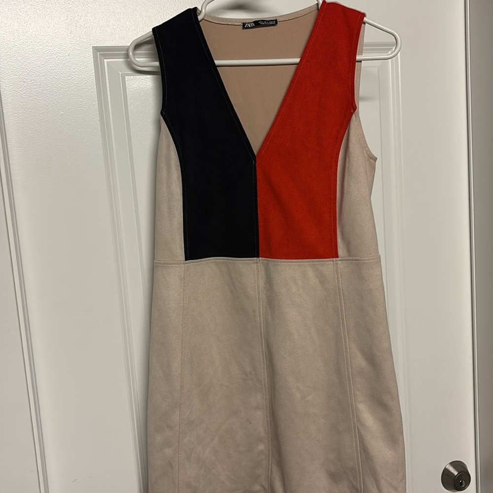 ZARA Tan Faux Suede With Black and Red Accents Sheath V-Neck Mini Dress
